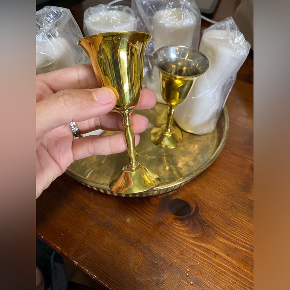 Vintage Set of 6 Brass shot cups Cordials w/ Tray Silver Lined, India - W/ box - Picture 5 of 13